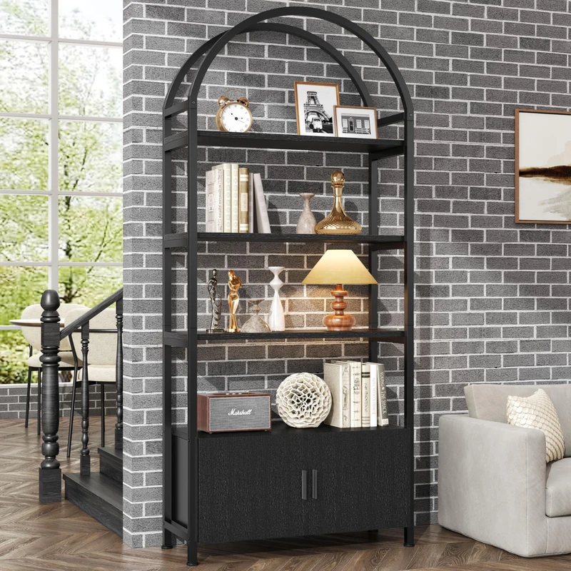 Feonase Arched Book Shelf, Bookcase with Doors Storage, 180cm Tall Bookshelf with Sturdy Metal Frame, E1 Quality Boards, Freestanding Display Shelving Unit Living Room, Rustic Brown (Black)