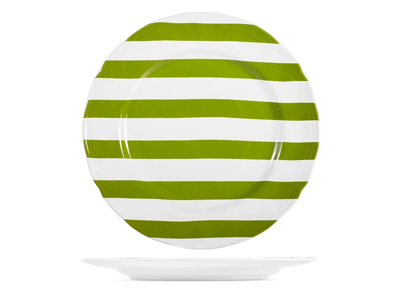 H&H Set of 6 Emerald Stoneware Dinner Plates – Diameter 27 cm – White and Green Stripes Decoration – Dishwasher and Microwave Safe - Image 1
