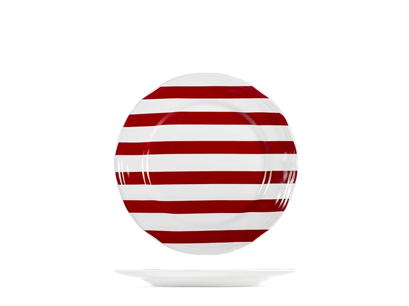 H&H Set of 6 Ruby Stoneware Fruit Plates – Diameter 20 cm – White and Red Stripes Decoration – Dishwasher and Microwave Safe, Christmas Design