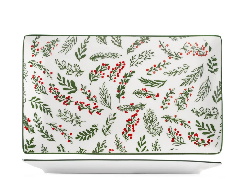 H&H Set of 6 Wildberry Rectangular Porcelain Plates 27 x 16 cm - Elegant Christmas Design - Perfect for Appetizers, Desserts and Festive Buffets