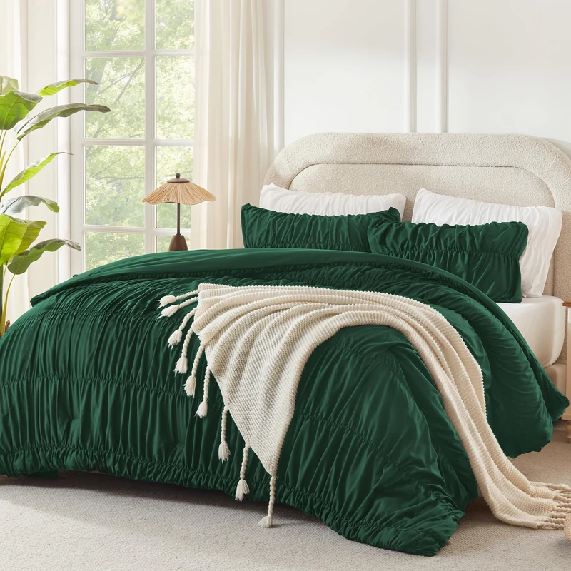 Andency Ruched Dark Emerald Green Full Size Comforter Sets, Shabby Chic Pleatd Bedding Sets 3 Pieces, Lightweight Soft Boho Ruffle Bed Set for Girls, Kids, Women, All Season