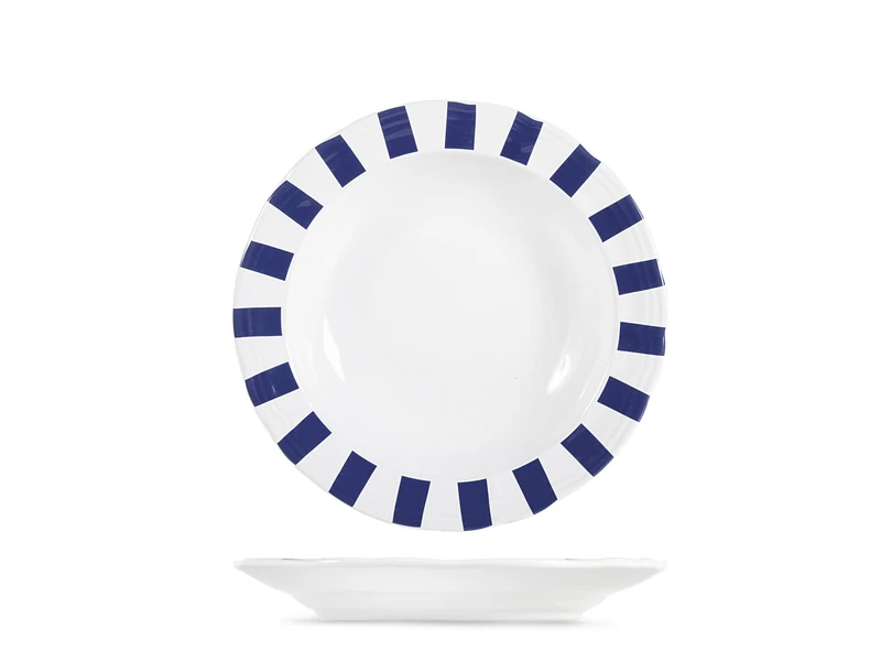 H&H Set of 6 Sapphire Stoneware Soup Plates – Diameter 20 cm – White and Blue Stripes Decoration – Dishwasher and Microwave Safe