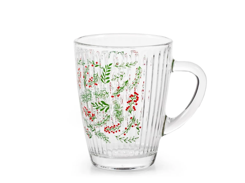 H&H Set of 12 Wildberry Decorative Glass Mugs 300ml - Clear Christmas Mugs with Festive Pattern - Ideal for Tea, Coffee and Hot Chocolate
