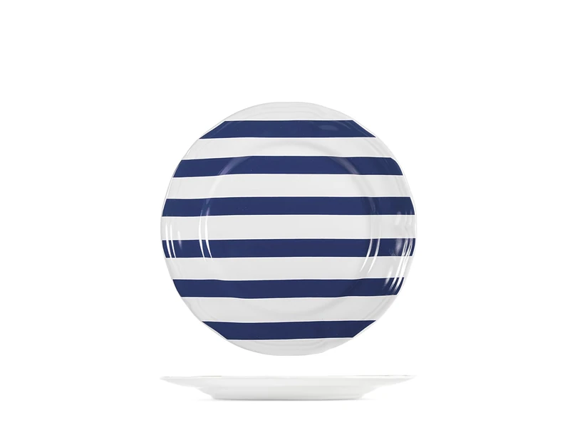 H&H Set of 6 Sapphire Stoneware Fruit Plates – Diameter 20 cm – White and Blue Stripes Decoration – Dishwasher and Microwave Safe