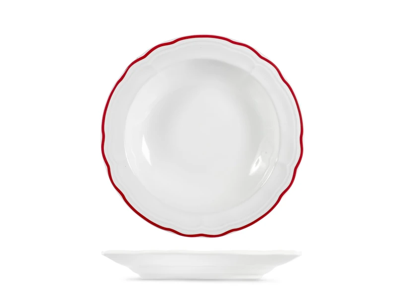 H&H Set of 6 Jade Stoneware Soup Plates, Diameter 20 cm - Red Rim - Durable Plates for First Courses - Dishwasher and Microwave Safe