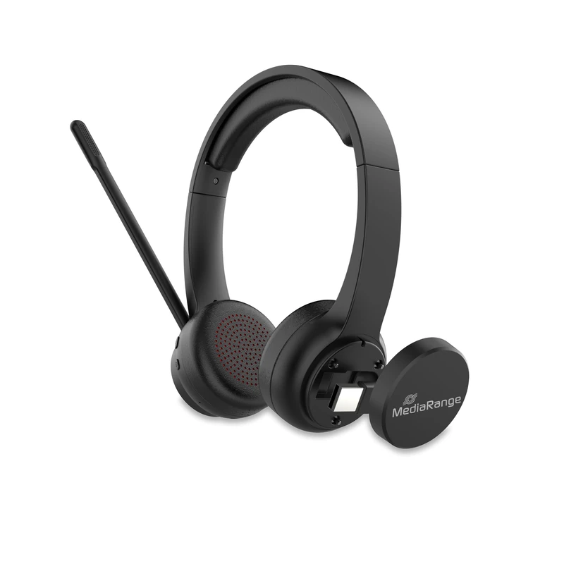 MediaRange Wireless ENC Stereo Headset with Rotating Microphone Arm, Function Buttons, Rechargeable 400 mAh Battery, 2 Devices Pairing (BT Ver 5.2), Black