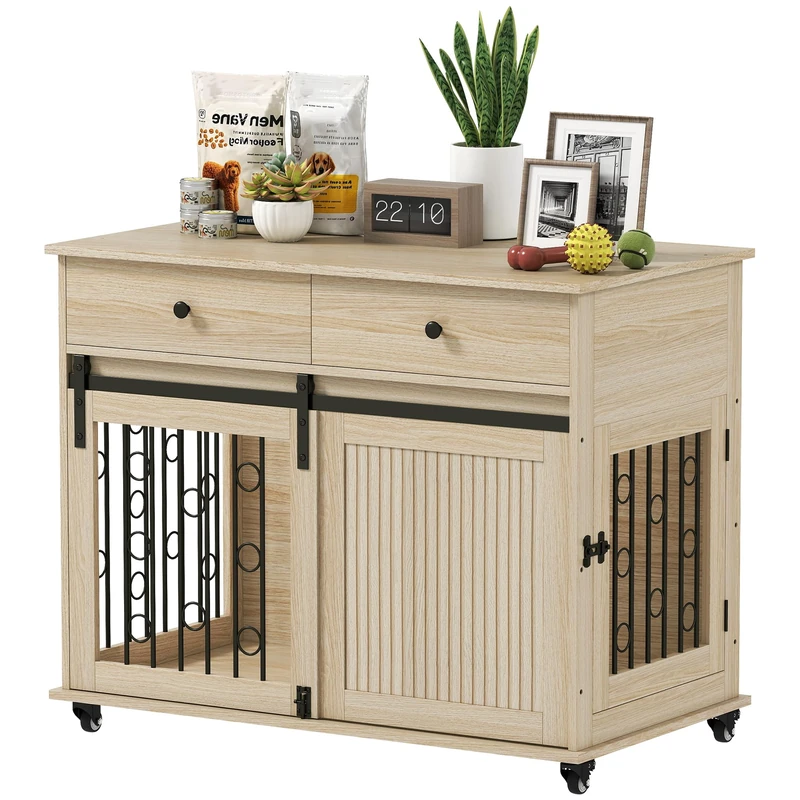 PawHut Dog Crate Furniture with Wheels and 2 Drawers - Oak