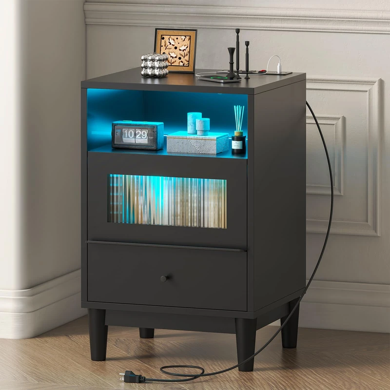 Feonase Black Bedside Table with Charging Station, End Table with Glass Drawers, Nightstand with LED Lights, Wood Side Tables for Bedroom, Living Room, 40×35×60CM
