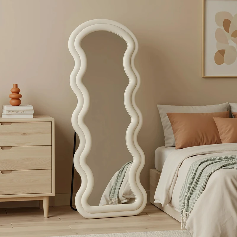 Clevich Wavy Full Length Mirror 160x60cm, Floor Free Standing Mirror with Stand, Wall Mounted, Ivory White Flannel Frame, HD Shatterproof Nano Glass, for Bedroom Living Room