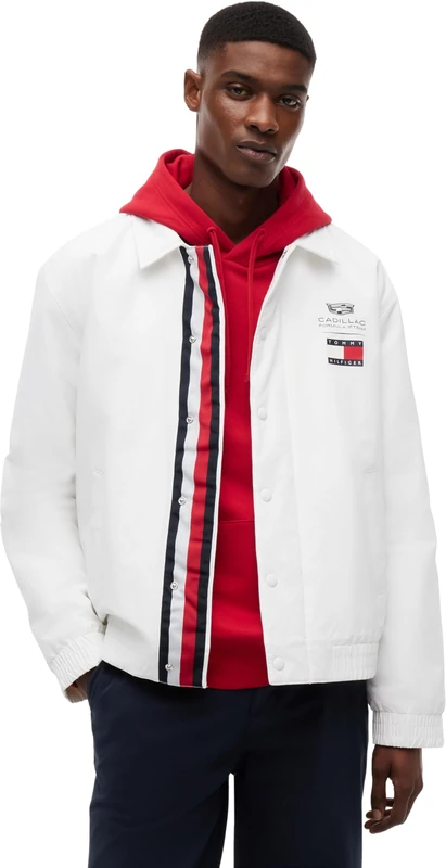 Tommy Hilfiger Unisex Bomber Jacket TH X Cadillac F1 Chevron with Button Placket, White (White), XS