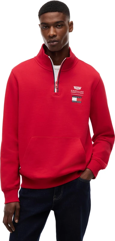 Tommy Hilfiger Unisex Sweatshirt with Zip TH X Cadillac F1 Logo Half Zip with Chest Pocket, Red (Red), L
