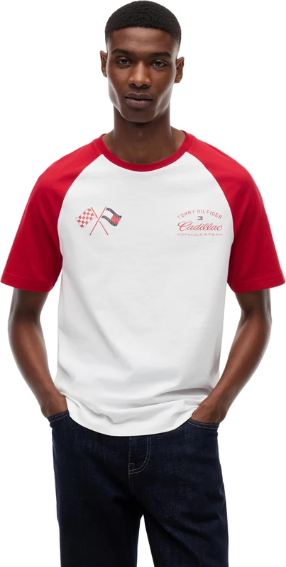 Tommy Hilfiger Unisex Short Sleeve T-Shirt TH X Cadillac F1 Varsity Raglan in Cotton, Multicolor (White/Red), XXL