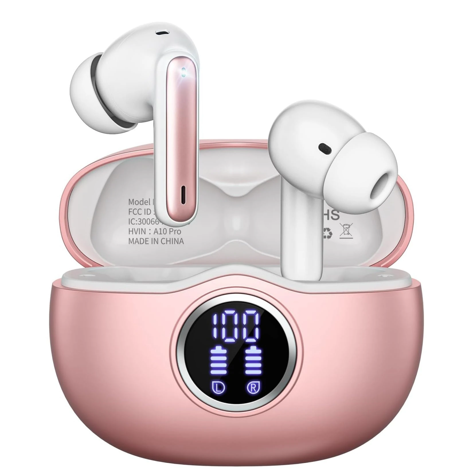 Sisism A10 Pro Wireless Earbuds Bluetooth 5.3 HiFi Stereo, 50H Playback LED Digital Display Earphones, ENC Noise Cancelling Mic, Ergonomic Sport Headphone Headset for Gym/Running/Work - Rose Gold