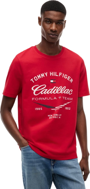Tommy Hilfiger Unisex Short Sleeve T-Shirt TH X Cadillac F1 Varsity Graphic in Cotton, Red (Red), L - Image 1