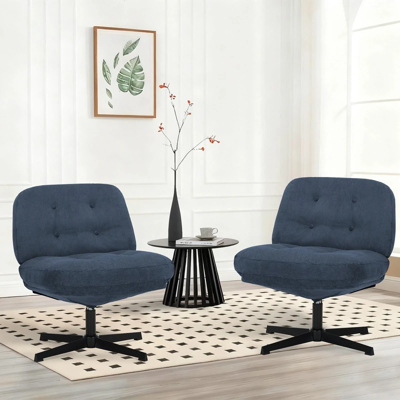 COLAMY Wide Seat Cross Legged Home Office Chair – Thick Padded Corduroy Desk Chair with Metal Base, Armless Criss Cross Chair Swivel Computer Chair for Study or Living Room