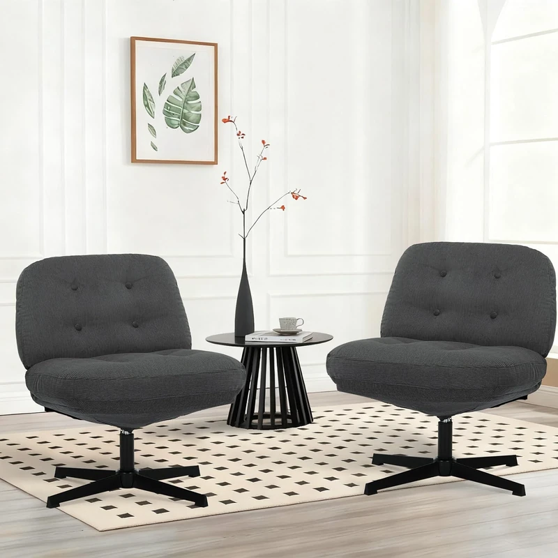 COLAMY Wide Seat Cross Legged Home Office Chair – Thick Padded Corduroy Desk Chair with Metal Base, Armless Criss Cross Chair Swivel Computer Chair for Study or Living Room