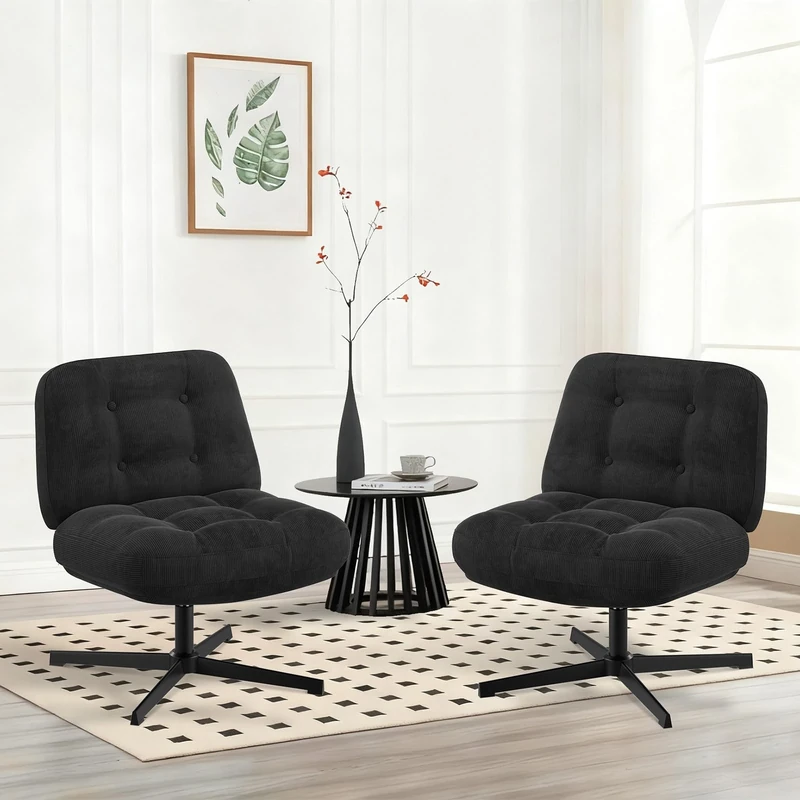 COLAMY Wide Seat Cross Legged Home Office Chair – Thick Padded Corduroy Desk Chair with Metal Base, Armless Criss Cross Chair Swivel Computer Chair for Study or Living Room