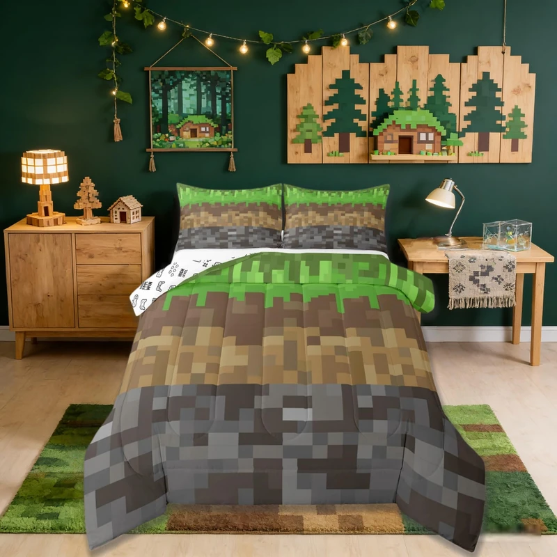Manfei Miners Pixel Checked Kids Bedding Set Queen Size,Video Games Check Lattice Comforter Set,Game Cartoon Gamepad Quilt Comforter,Gray Green Brown Bedroom Duvet Insert,2 Pillowcases