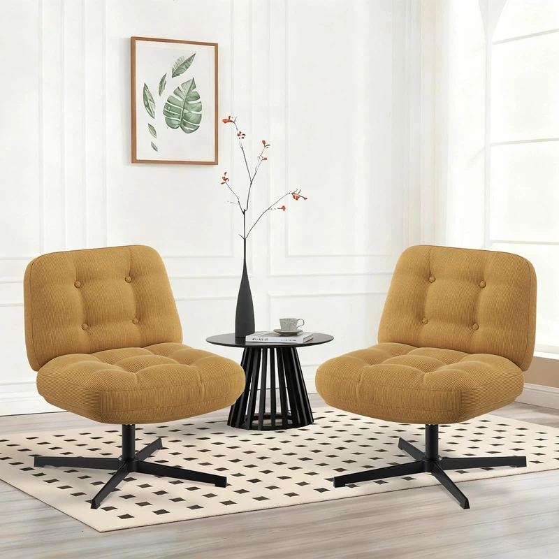 COLAMY Wide Seat Cross Legged Home Office Chair – Thick Padded Corduroy Desk Chair with Metal Base, Armless Criss Cross Chair Swivel Computer Chair for Study or Living Room