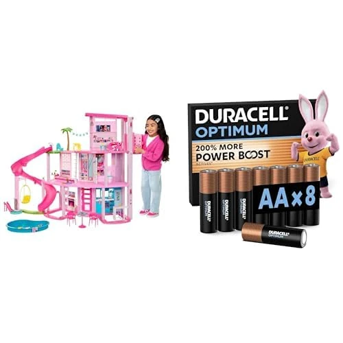 Barbie Dreamhouse, 3-Storey House with 10 Play Areas Including Pool, Slide, Elevator, 75 Doll Accessories, Toy Puppy + DURACELL Optimum AA Batteries (8 Pack)