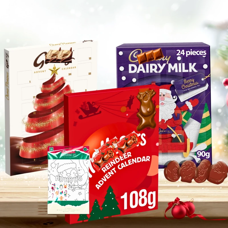 Chocolate Advent Calendar 2025 includes 3 Packs Dairy Milk Chocolate, Galaxy and Maltsers Countdown Calendars - Christmas Chocolate Gifts - Stocking Fillers With Pack Of Christmas Colouring Set
