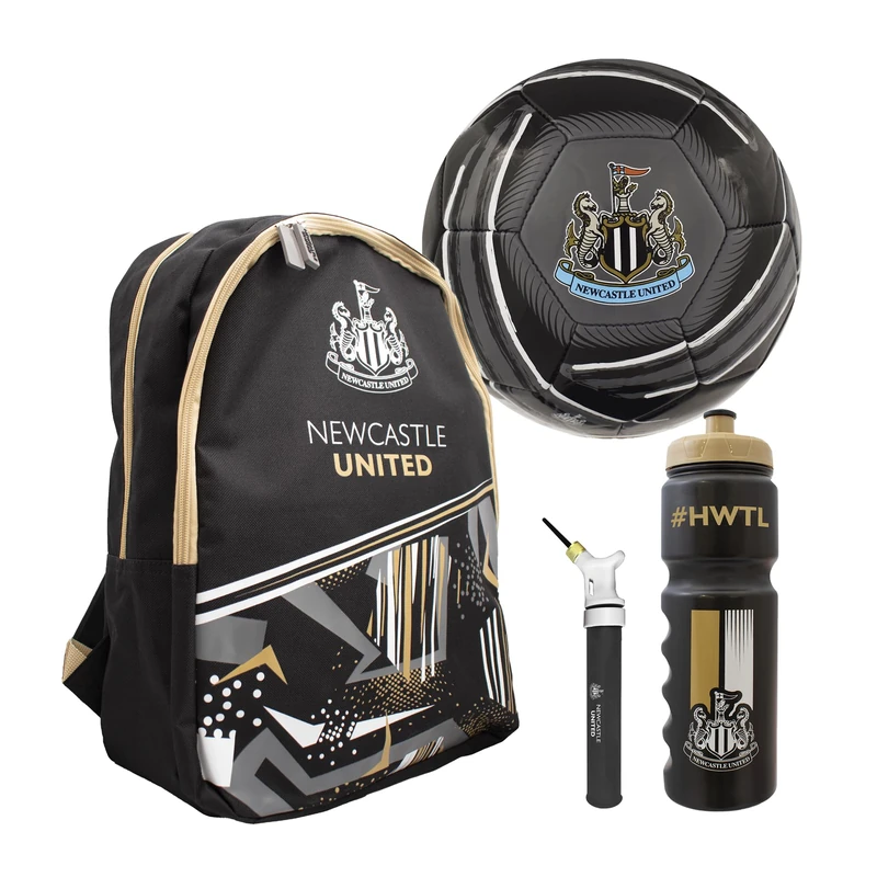 Hy-Pro Officially Licensed Newcastle United Football Set - Size 5 Ball, Storm Backpack, Pump & 750ml Bottle, Complete Football Gifts for Boys & Girls with Official Club Branding - Black
