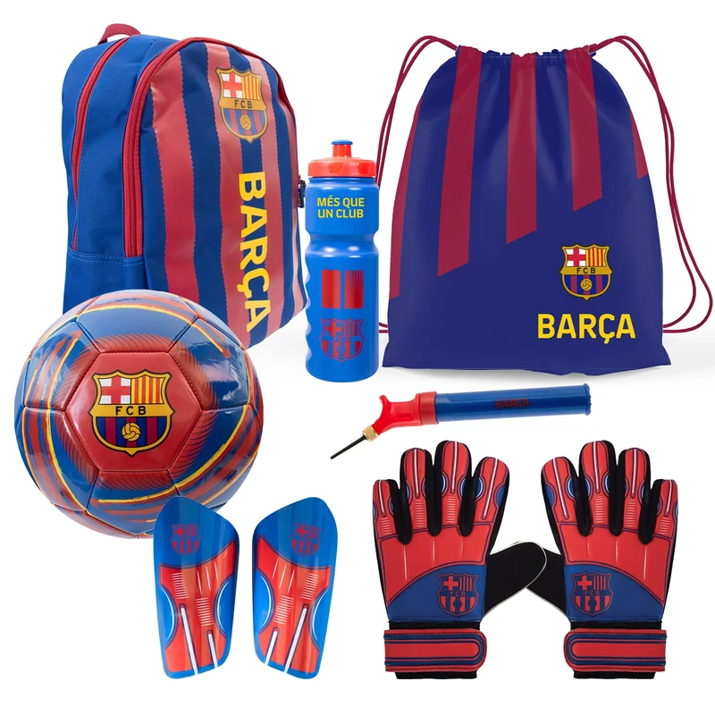 Hy-Pro Officially Licensed FC Barcelona Football Set - Size 5 Ball with Pump, Backpack, Gym Sack, Goalkeeper Gloves, Shin Guards & 750ml Bottle, Complete Football Gifts for Boys & Girls - Red & Blue