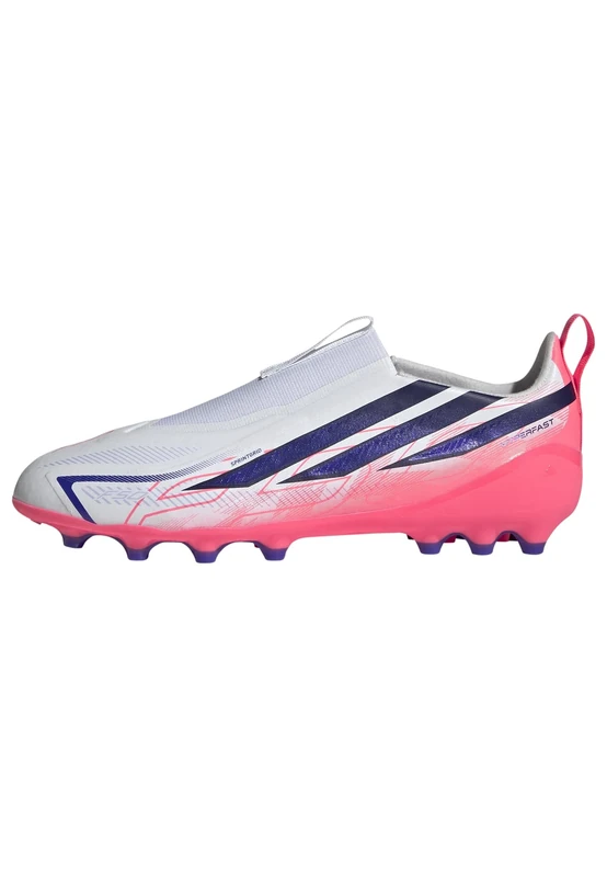adidas Unisex Kids F50 Hyperfast League Laceless Artificial Ground Football Boots Kids Shoes, FTWR White/Solar Purple/Solar Turbo, 2 UK