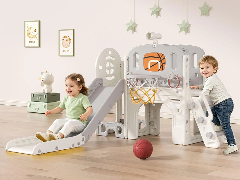 BIERUM 9-in-1 Toddler Slide Slide for Babies 1-3 Years with Basketball Hoop and Ring Set for Indoor and Outdoor Use Beige and Grey - Image 1
