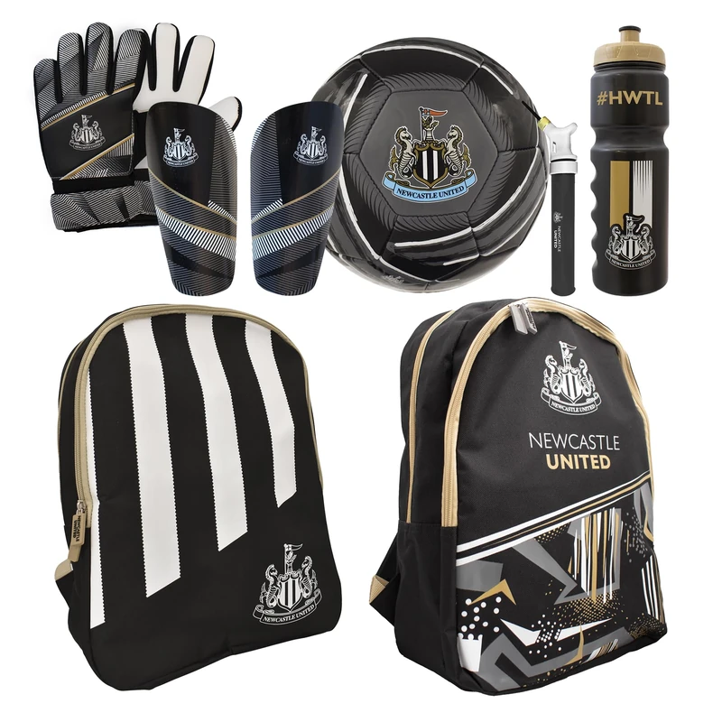 Hy-Pro Officially Licensed Newcastle United Football Set - Size 5 Ball with Pump, Backpack, Gym Sack, Goalkeeper Gloves, Shin Guards & 750ml Bottle, Complete Football Gifts for Boys & Girls - Black