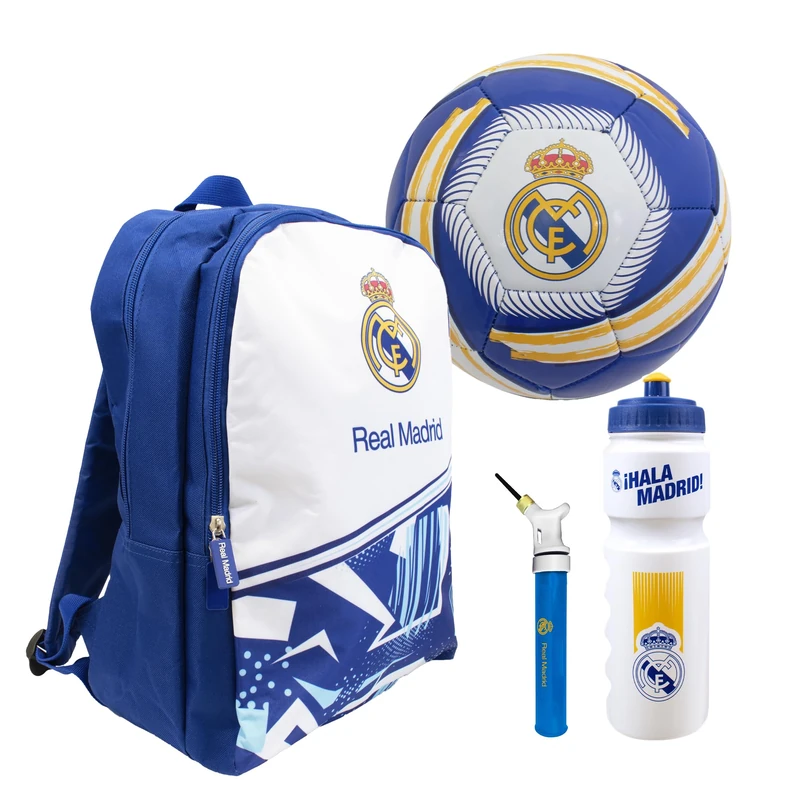Hy-Pro Officially Licensed Real Madrid Football Set - Size 5 Ball, Storm Backpack, Pump & 750ml Bottle, Complete Football Gifts for Boys & Girls with Official Club Branding - White