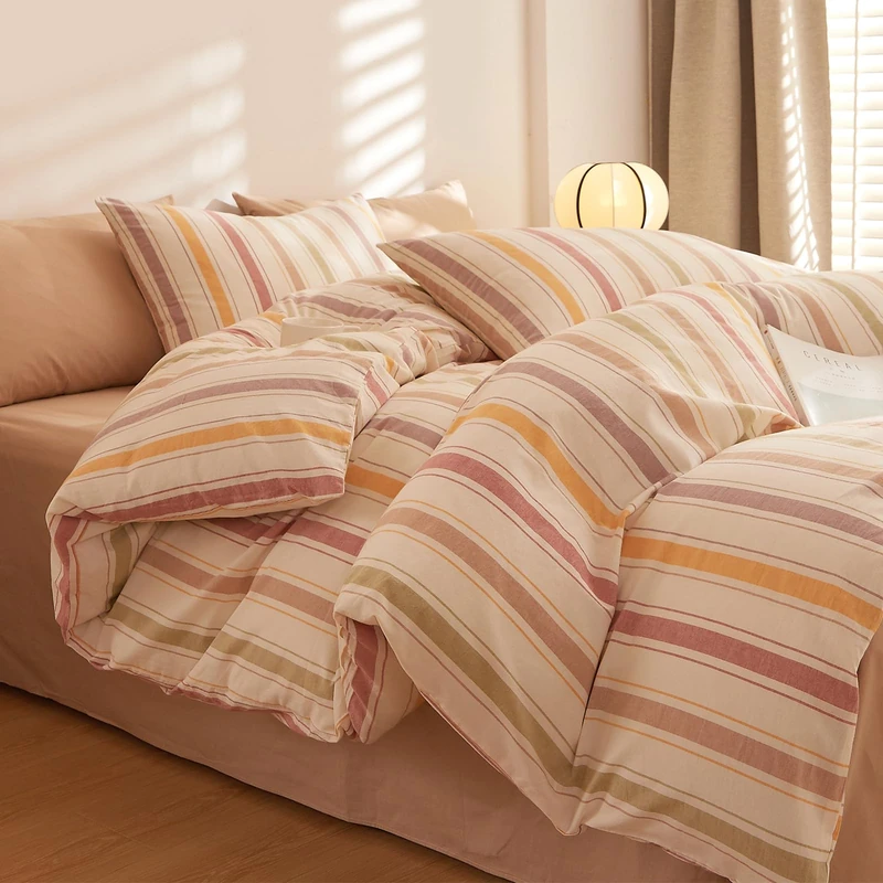 MKXI Striped Duvet Cover Set 100% Washed Cotton, 3-Piece Colorful Autumn Vibe Bedding Set with Zipper & Ties, Stripes Pattern Comforter Cover for Teens, Adults, Dorms & Bedrooms (Full Size)