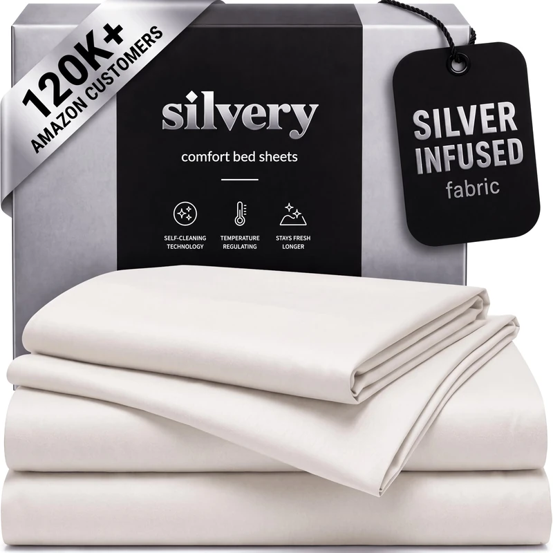 Silvery Silver Infused Bed Sheets Set - Ultra-Soft Temperature-Regulating Fabric with Self-Cleaning Technology™ That Stays Fresh 3X Longer for Hygienic Sleep