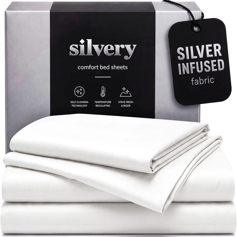 Silvery Silver Infused Bed Sheets Set - Ultra-Soft Temperature-Regulating Fabric with Self-Cleaning Technology™ That Stays Fresh 3X Longer for Hygienic Sleep