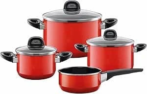 Silit Modesto 4-Piece Induction Saucepan Set with Glass Lid, Silargan Functional Ceramic, Induction Pots Set, Nickel-Free, Suitable for All Types of Cookers, Made in Germany, Red