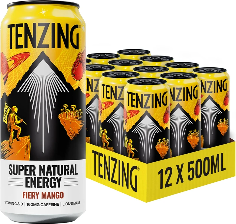 TENZING Super Natural Energy Drink, Fiery Mango, 160MG Caffeine, Vitamin D, Magnesium, Mushrooms, Plant Based, Vegan, & Gluten Free, 500ml (Pack of 12)