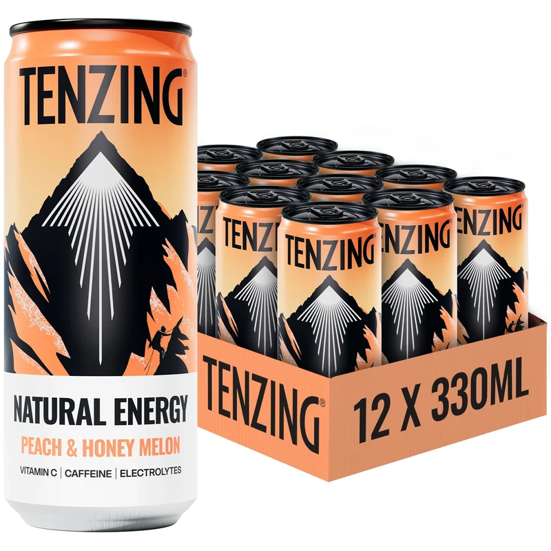 TENZING Natural Energy Drink, Plant Based, Vegan, & Gluten Free Drink, Peach & Honey Melon, 330ml (Pack of 12) - Packaging may vary