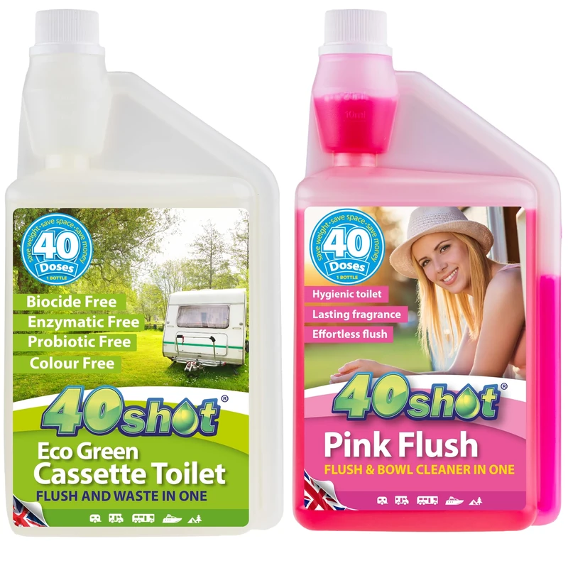 40Shot Eco Value Twin Pack – Green Cassette Toilet Fluid & Pink Flush Rinse – 2 x 1L Concentrates – 80 Doses – Biocide-Free, Septic Safe, Fresh Flush