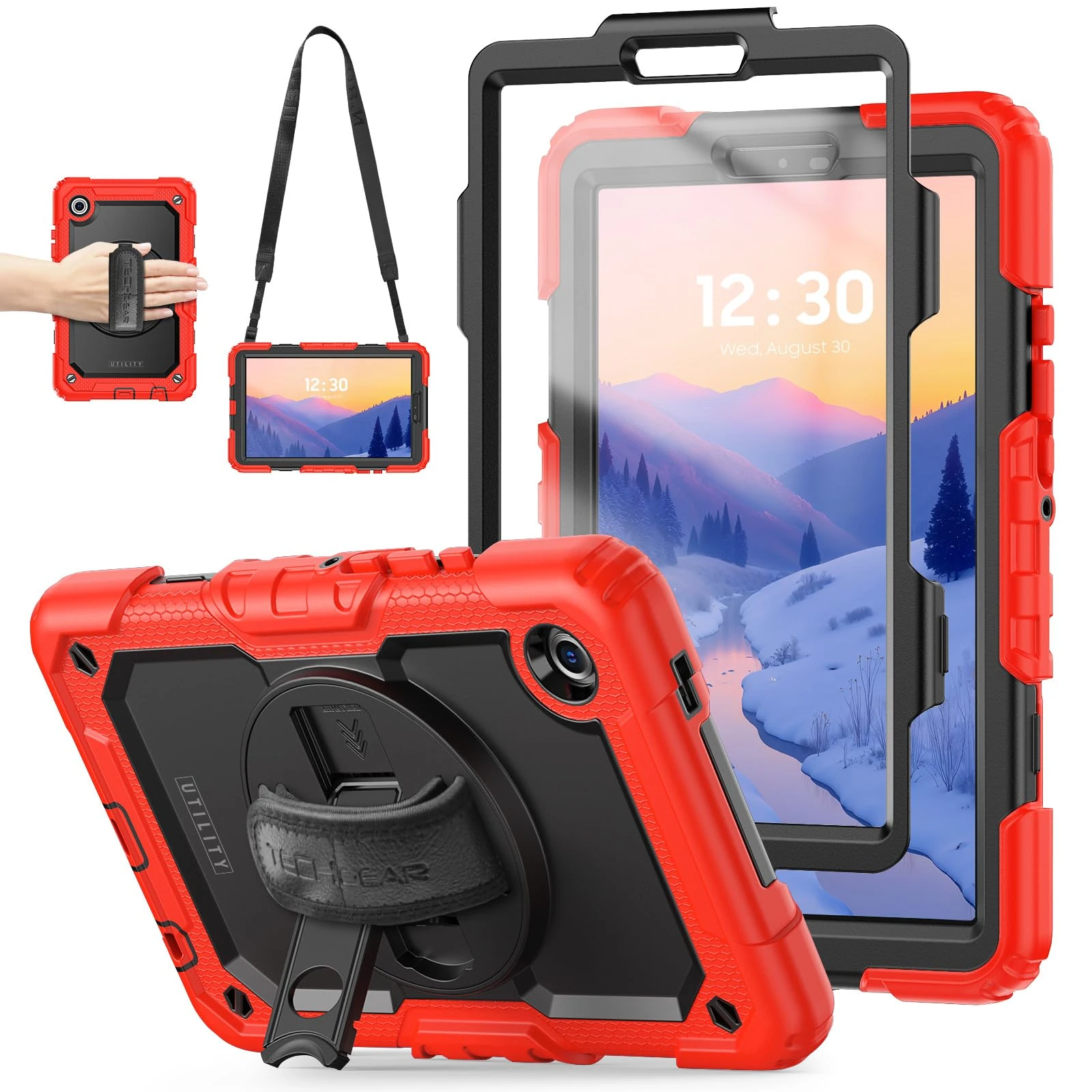 TECHGEAR Utility Case for Samsung Galaxy Tab A11 8.7" (SM-X130 / SM-X135) - Rugged Heavy Duty Shockproof Armour Case, 360 Rotating Stand, Hand Strap & Detachable Shoulder Strap - Red