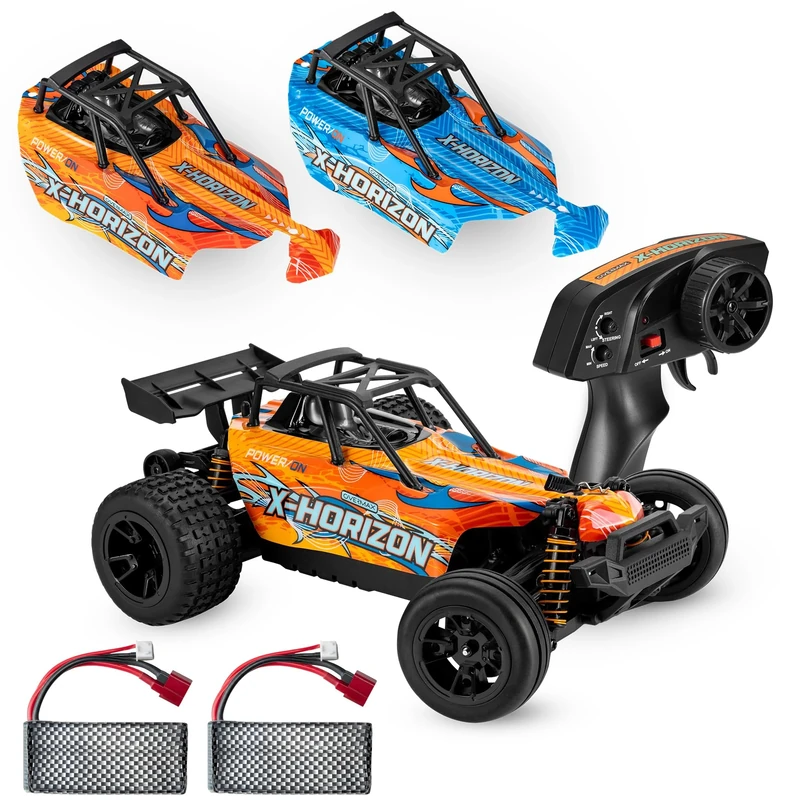 Overmax X-Horizon RC Car 4x4 – Up to 30 km/h – 2 Rechargeable Batteries– Off-Road Remote Control Car with LED Lights, Independent Suspension, Wide Rear Tyres, 2 Body Shells, 1:18 Fast Buggy for Kids