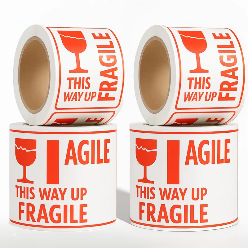 OFITURIA Fragile Labels 4 x 4 Inches – 4 Rolls (1200 Pieces) Professional Shipping Labels Roll Trade Transport Labelling