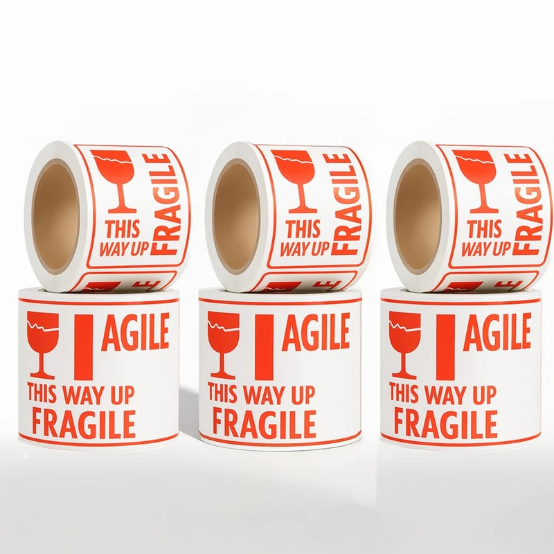 OFITURIA Fragile Labels 4 x 4 Inches - 6 Rolls (1800 Pieces) | Fragile Shipping Labels | Adhesive Roll 101 mm for Logistics Warehouse, Professional Shipping Marking