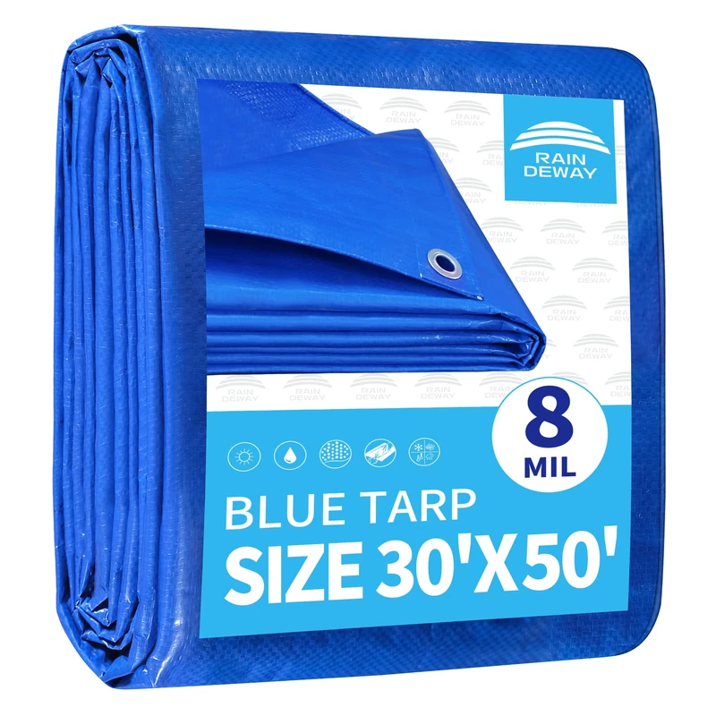 RAINDEWAY Large Tarps 30x50 Feet 8 Mil Multipurpose Blue Waterproof Tarp