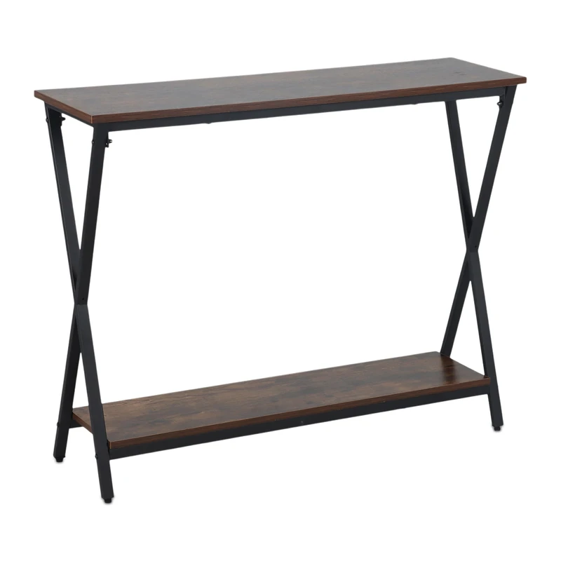 Relaxdays console table, HxWxD: 80 x 100 x 30 cm, metal, MDF, narrow hallway console, 2 shelves, brown/black