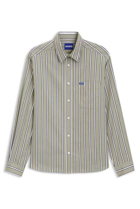 HUGO Oversized-fit Shirt in Striped Cotton Poplin Beige