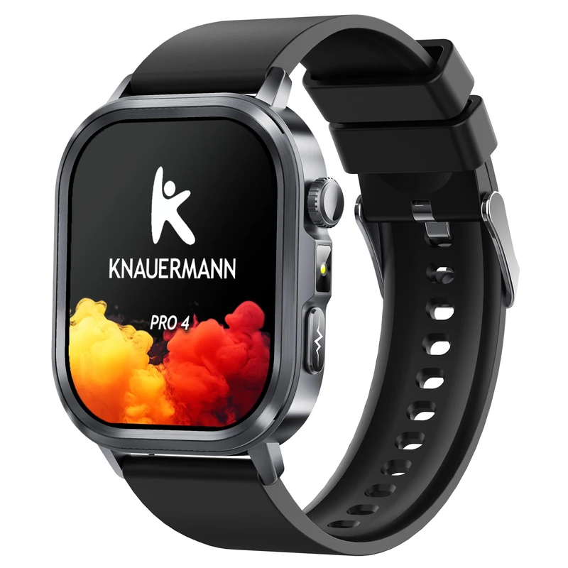 Knauermann PRO 4 (2026) rectangular black – ECG health watch with blood pressure, pulse and oxygen measurement, phone function, sleep analysis, IP67, 46 mm, silicone, black - Image 1