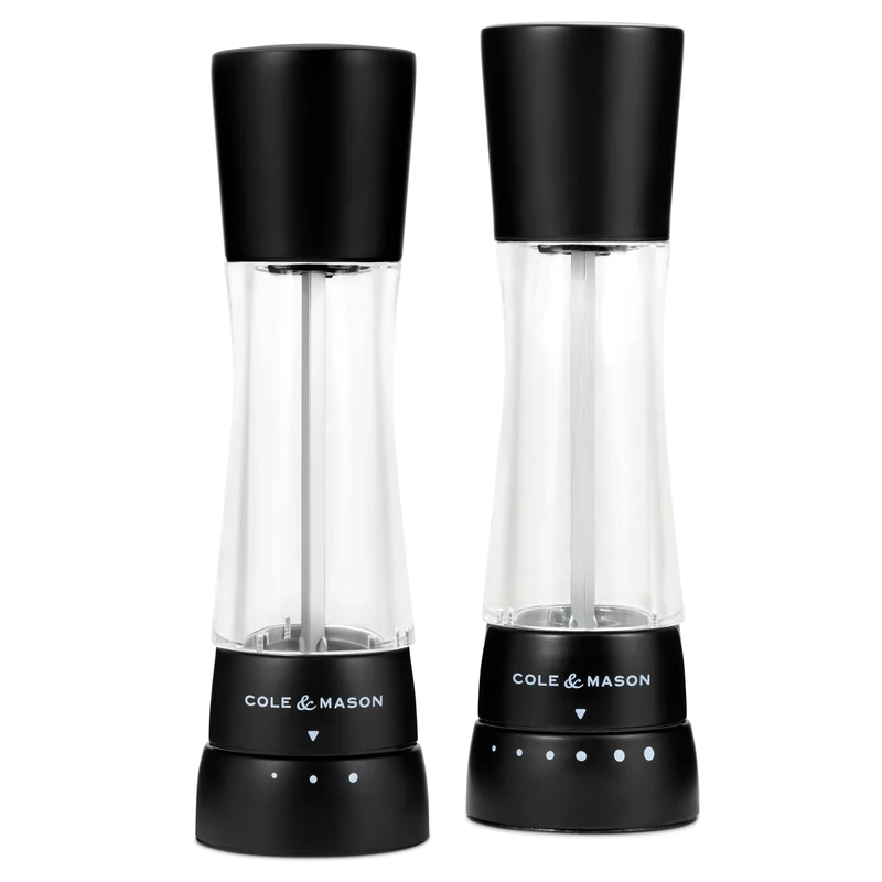 Cole & Mason Derwent Salt and Pepper Mills, Adjustable Grind Settings, Gourmet Precision+, Matt Black/Acrylic, 190 mm, Gift Set, Includes 2 x Salt and Pepper Grinders