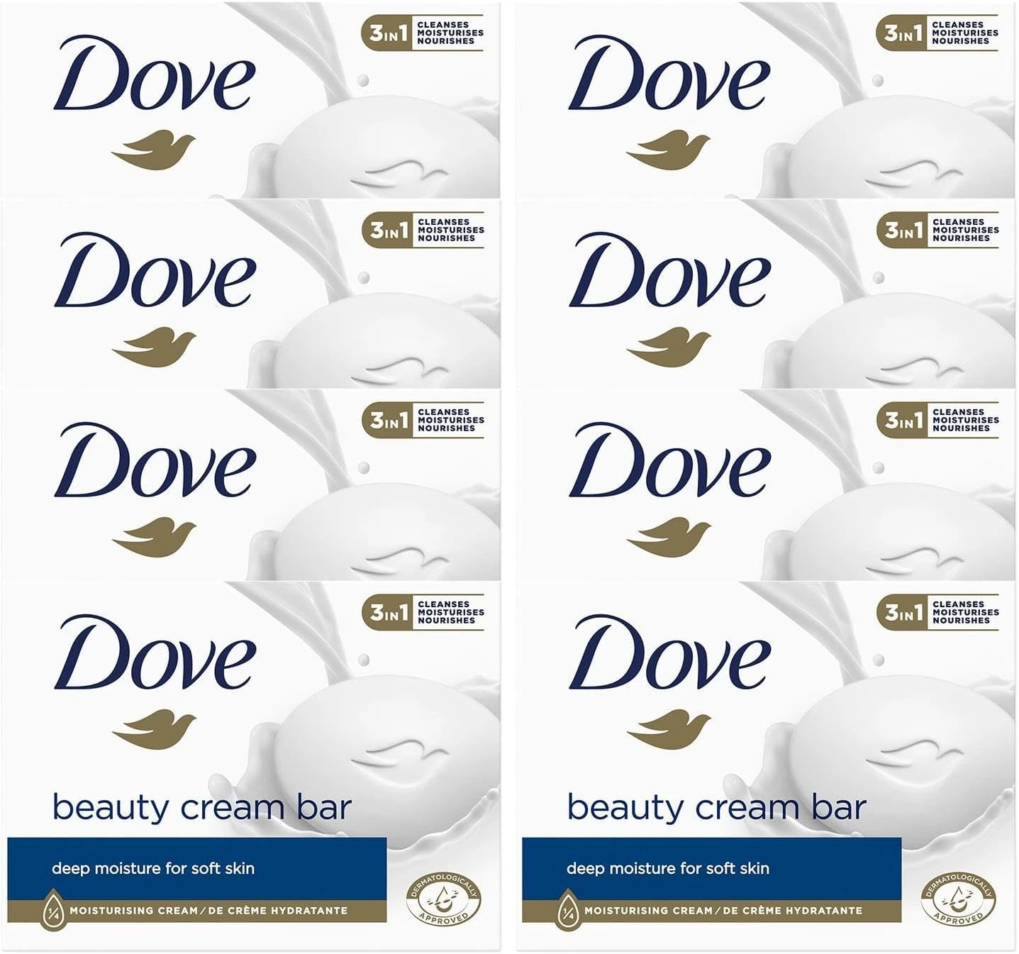 Dove Original Beauty Cream Bar 8x90g – 3 in 1 Bath Soap that Cleanses, Moisturises and Nourishes – Sulphate-Free, Gentle on Skin, pH Balanced, Suitable for Daily Use, Soft and Smooth Skin Care