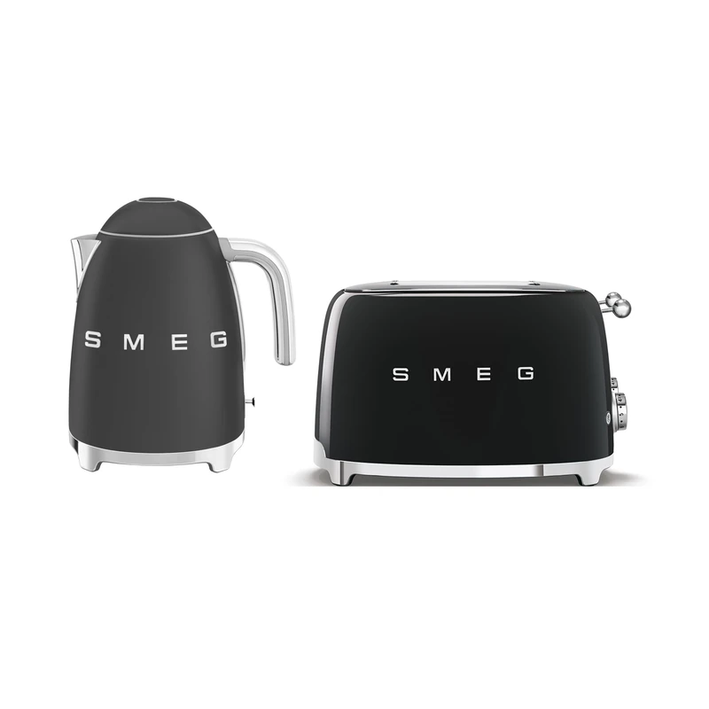 Smeg Kitchen Set, 1.7L Jug Kettle with 360 Swivel Base, 3000W and 4 Slice Toaster with Extra Wide Slots, Matte Black, KLF03BLMUK and TSF03BLUK