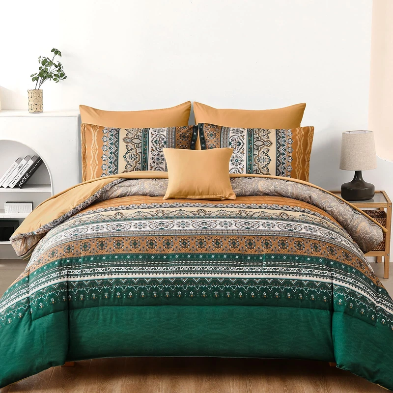 Cottolester Boho Comforter Set King Size,8 Pieces Brown and Green Bohemian Striped Bed in a Bag,Paisley Soft Microfiber Bedding Comforter Set